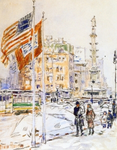 Painting: "Flags, Columbus Circle" by Childe Hassam, 1918